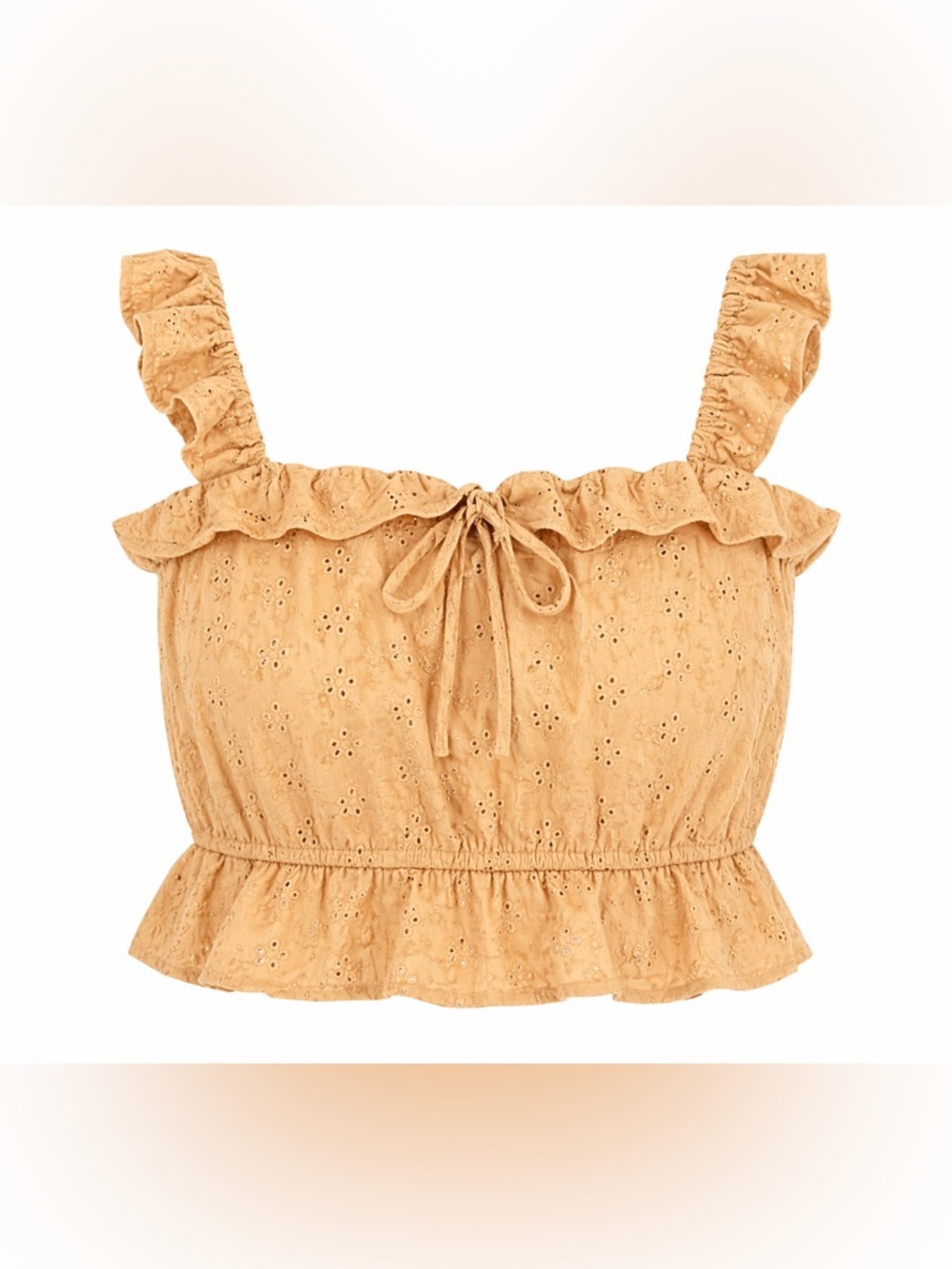Forever 21 Eyelet Ruffle Tie-Front Crop Top in Mustard Yellow